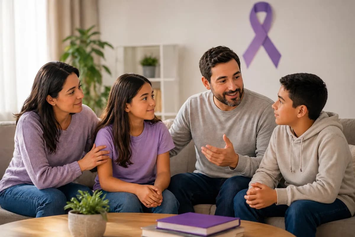 Familia conversando sobre prevención de violencia en un ambiente tranquilo.