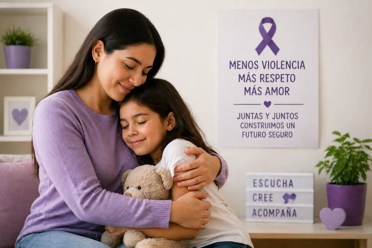 Madre abrazando a su hija en un entorno libre de violencia.